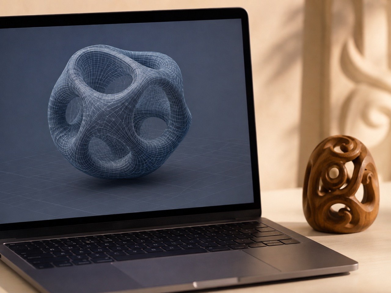 Ноутбук із 3D-моделлю різьбленої скульптури й сама дерев'яна скульптура поруч
